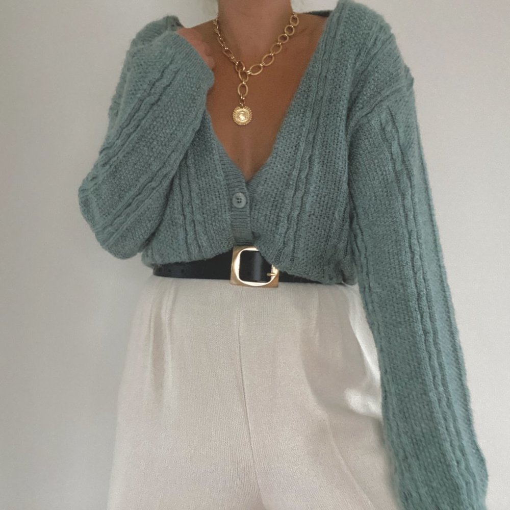 Vintage L.L. Bean Sage Green Mohair Cable Knit Cardigan Sweater - Picture 6 of 13